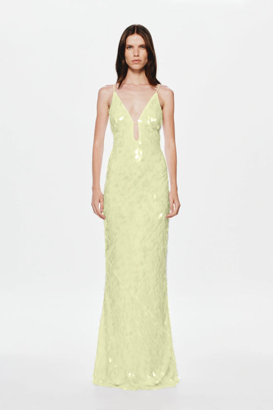 Sapphire Sequin Maxi Dress by Misha, a lemon gown with plunging neckline and shimmering sequins perfect for standout evening moments.
