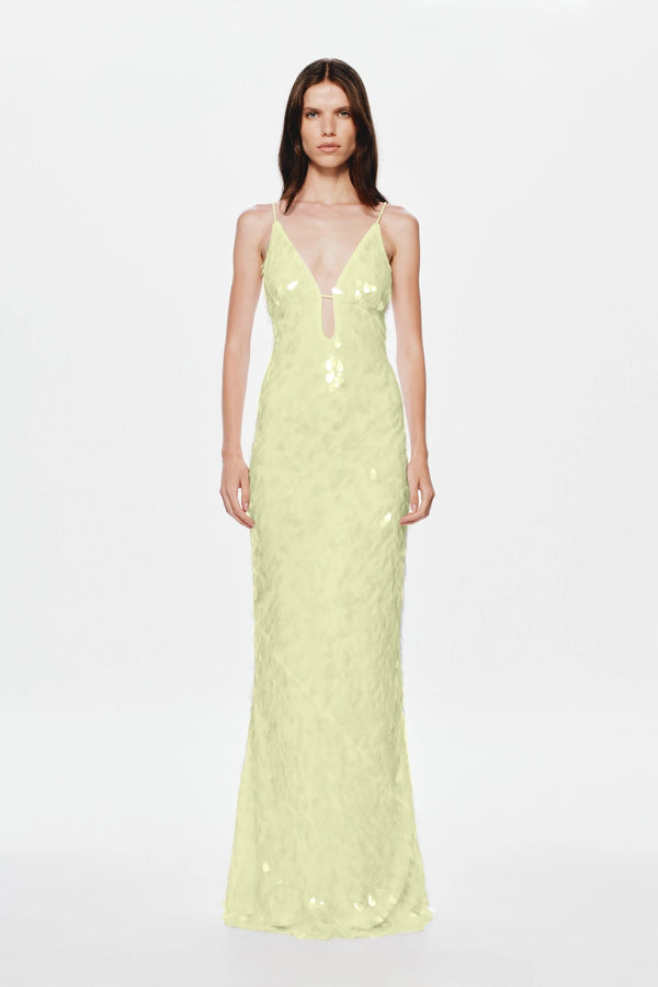 Sapphire Sequin Maxi Dress by Misha, a lemon gown with plunging neckline and shimmering sequins perfect for standout evening moments.