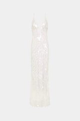 Sapphire Sequin Maxi Dress in Ivory by Misha, stunning body-con silhouette with plunging V-neckline, bust cut-out, and voluminous hem, perfect for making a dramatic entrance at evening events.