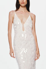 Sapphire Sequin Maxi Dress in Ivory by Misha, stunning body-con silhouette with plunging V-neckline, bust cut-out, and voluminous hem, perfect for making a dramatic entrance at evening events.