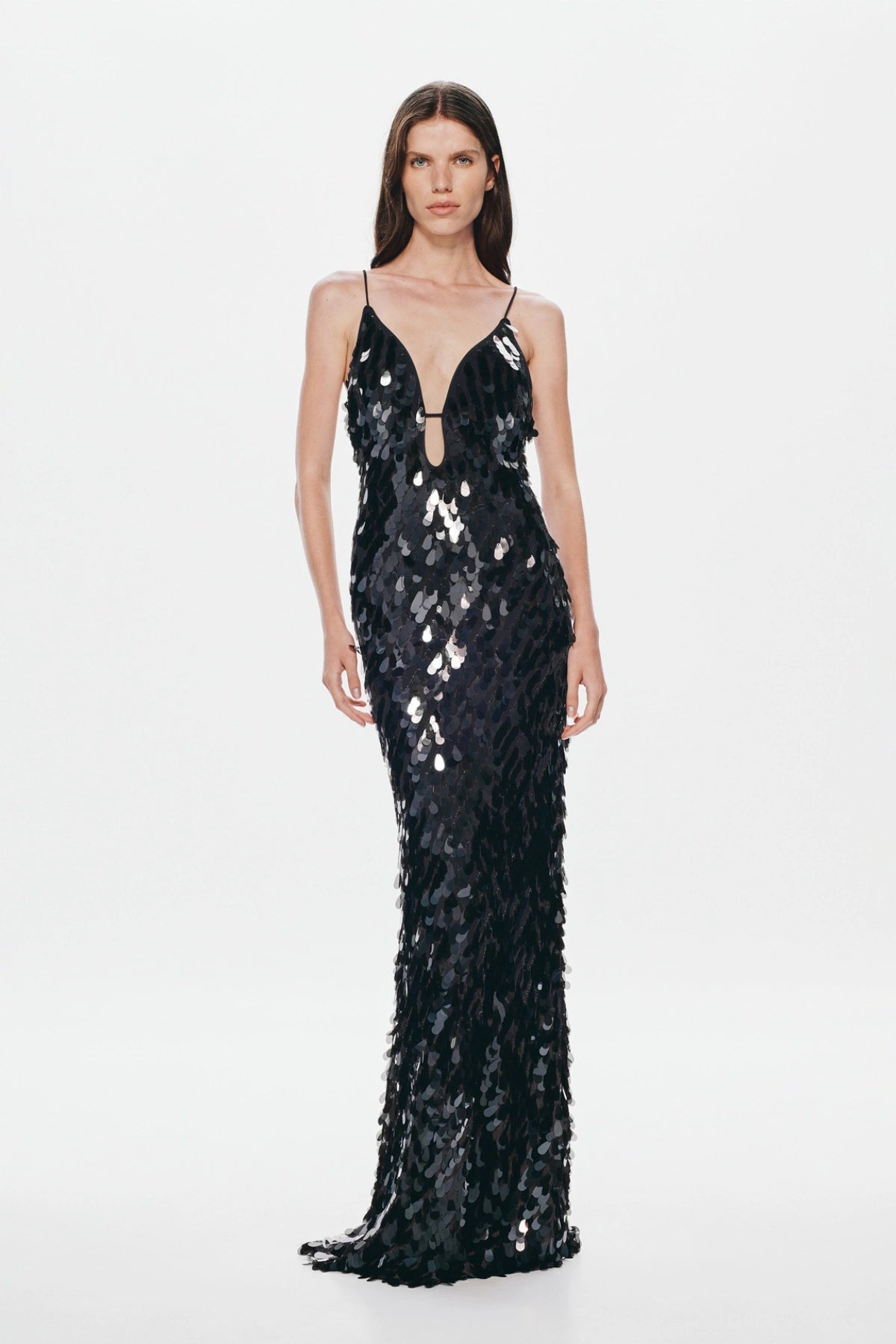 Sapphire Sequin Maxi Dress in Black by Misha, featuring a plunging neckline, low back, and shimmering sequin finish for elegant evening wear.