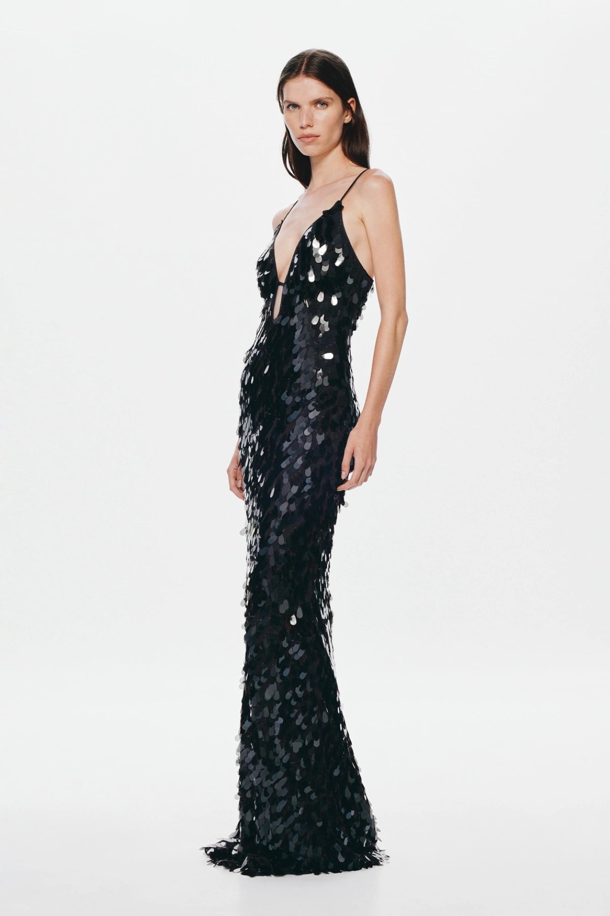 Sapphire Sequin Maxi Dress in Black by Misha, featuring a plunging neckline, low back, and shimmering sequin finish for elegant evening wear.