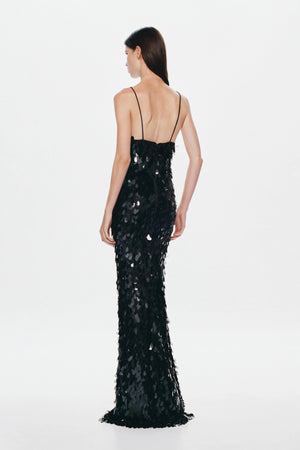 Sapphire Sequin Maxi Dress in Black by Misha, featuring a plunging neckline, low back, and shimmering sequin finish for elegant evening wear.
