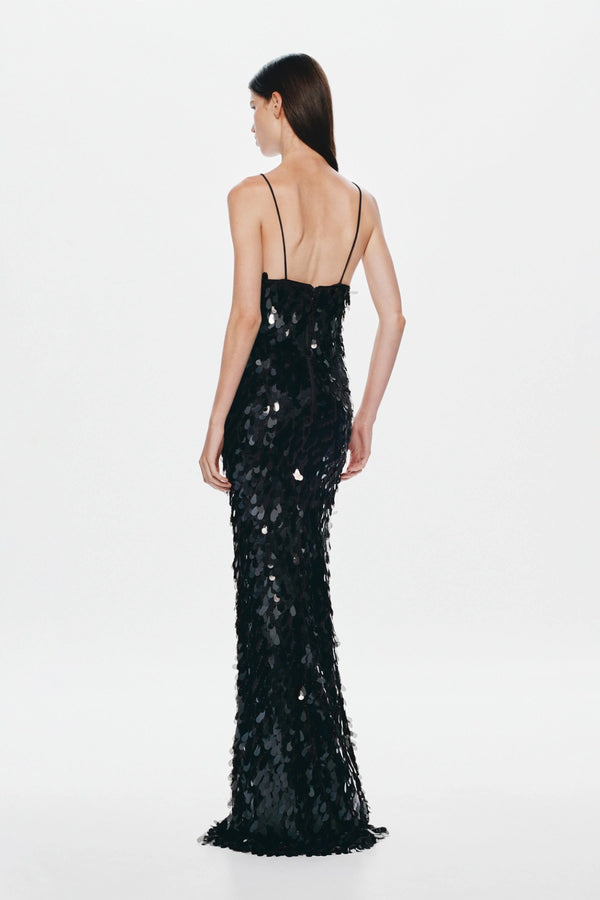 Sapphire Sequin Maxi Dress in Black by Misha, featuring a plunging neckline, low back, and shimmering sequin finish for elegant evening wear.
