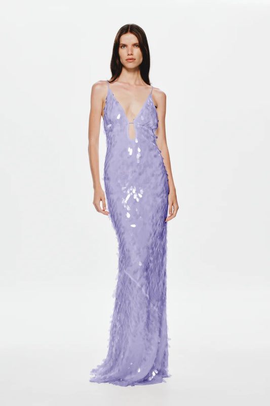 Sapphire Sequin Maxi Dress in Lilac by Misha, a plunging V-neck gown with bust cutout and shimmering sequins for bold, elegant nights.