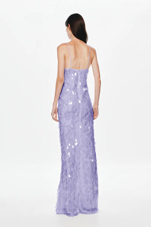 Sapphire Sequin Maxi Dress in Lilac by Misha, a plunging V-neck gown with bust cutout and shimmering sequins for bold, elegant nights.