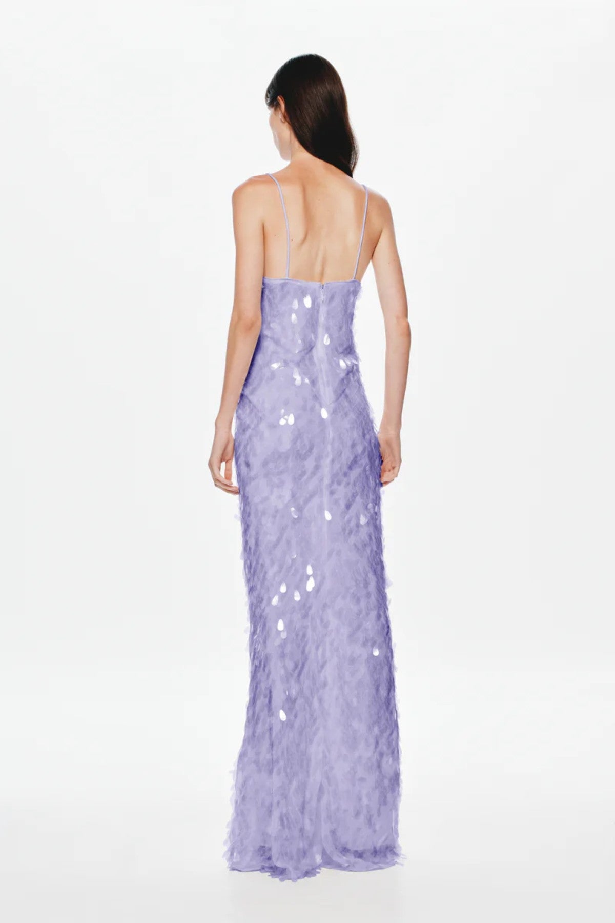 Sapphire Sequin Maxi Dress in Lilac by Misha, a plunging V-neck gown with bust cutout and shimmering sequins for bold, elegant nights.