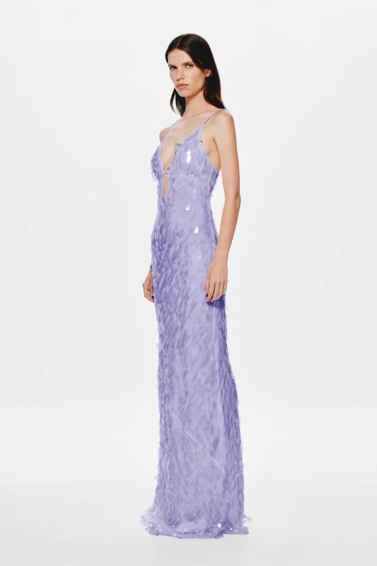 Sapphire Sequin Maxi Dress in Lilac by Misha, a plunging V-neck gown with bust cutout and shimmering sequins for bold, elegant nights.