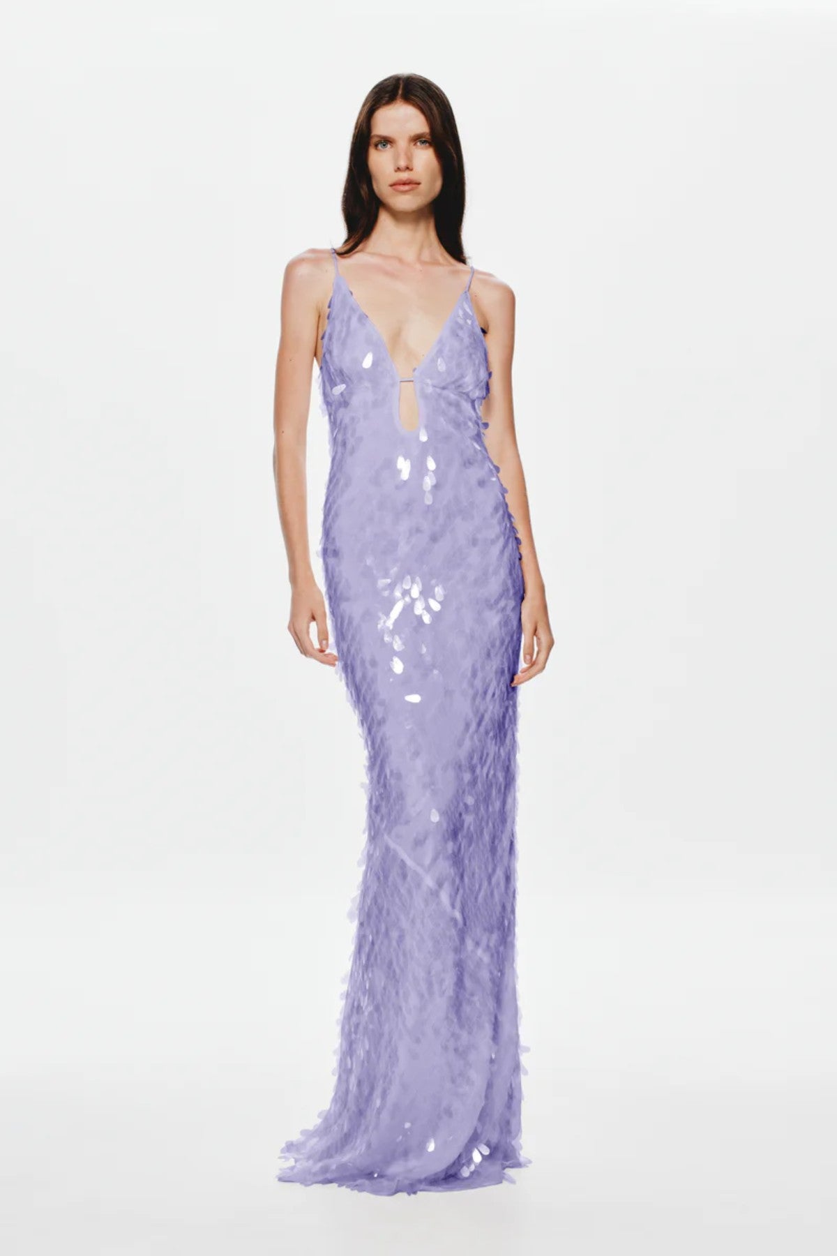 Sapphire Sequin Maxi Dress in Lilac by Misha, a plunging V-neck gown with bust cutout and shimmering sequins for bold, elegant nights.