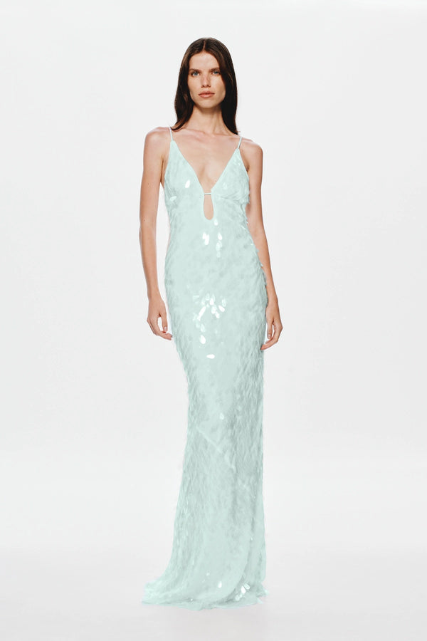 Sapphire Sequin Maxi Dress in Mint by Misha – shimmering plunge-neck gown with cut-out bust and low back. Perfect for formal nights.
