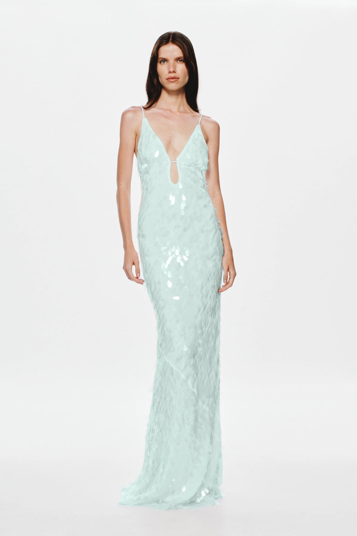 Sapphire Sequin Maxi Dress in Mint by Misha – shimmering plunge-neck gown with cut-out bust and low back. Perfect for formal nights.
