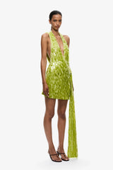 Sapphire Sequin Mini Dress by Misha – a sequin mini with asymmetric straps and draped sash. Perfect for event styling.