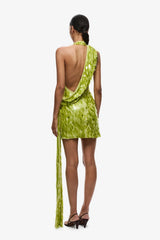 Sapphire Sequin Mini Dress by Misha – a sequin mini with asymmetric straps and draped sash. Perfect for event styling.