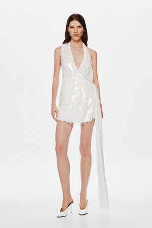 Sapphire Sequin Mini Dress by Misha, an ivory asymmetric mini with plunging neckline, wrap sash detail, and full sequins for radiant allure. (
