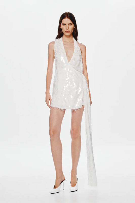 Sapphire Sequin Mini Dress by Misha, an ivory asymmetric mini with plunging neckline, wrap sash detail, and full sequins for radiant allure. (