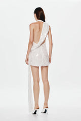 Sapphire Sequin Mini Dress by Misha, an ivory asymmetric mini with plunging neckline, wrap sash detail, and full sequins for radiant allure. (