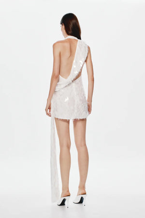 Sapphire Sequin Mini Dress by Misha, an ivory asymmetric mini with plunging neckline, wrap sash detail, and full sequins for radiant allure. (