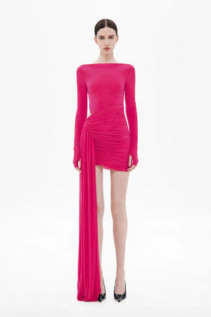 Sari Long Sleeve Stocking Mini Dress by Misha, ruched in cerise sheer jersey with floor-length sash. Perfect for dramatic nights out.