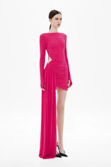 Sari Long Sleeve Stocking Mini Dress by Misha, ruched in cerise sheer jersey with floor-length sash. Perfect for dramatic nights out.