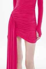 Sari Long Sleeve Stocking Mini Dress by Misha, ruched in cerise sheer jersey with floor-length sash. Perfect for dramatic nights out.