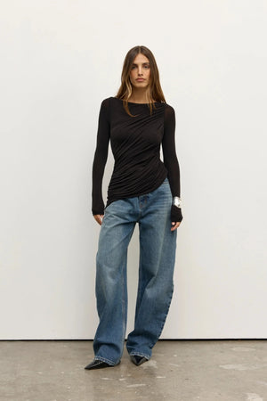 Saria Top Shadow by Bayse – long sleeve ruched top with boat neckline and asymmetric draped silhouette.