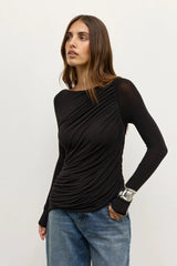 Saria Top Shadow by Bayse – long sleeve ruched top with boat neckline and asymmetric draped silhouette.