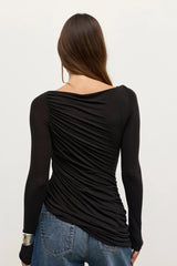 Saria Top Shadow by Bayse – long sleeve ruched top with boat neckline and asymmetric draped silhouette.