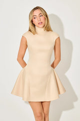 Satin High Neck Mini Dress by Odd Muse, a champagne satin mini with elegant neckline. Perfect for evening events and cocktail parties.