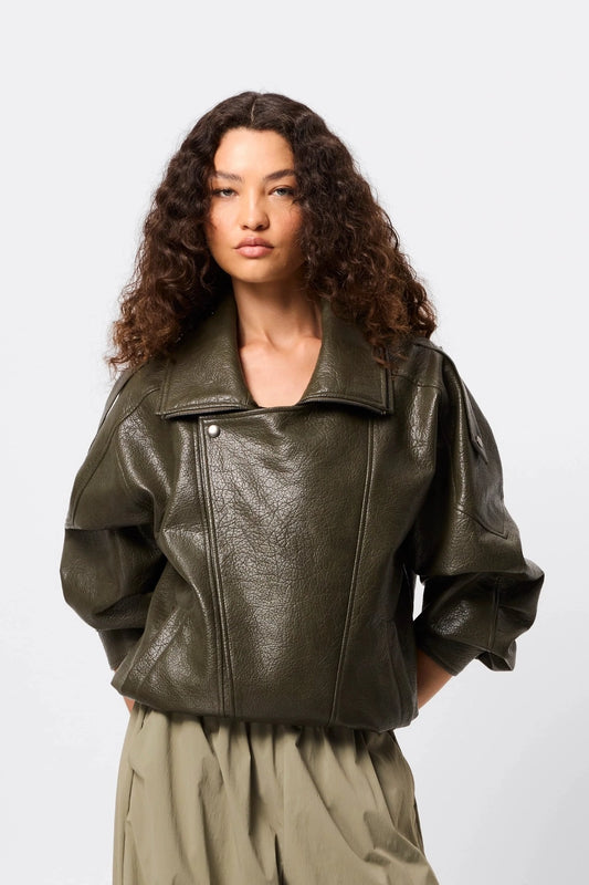 Saxon Oversized Bomber Olive by Mossman - oversized faux leather bomber jacket with double collar and epaulettes for elevated utilitarian style.