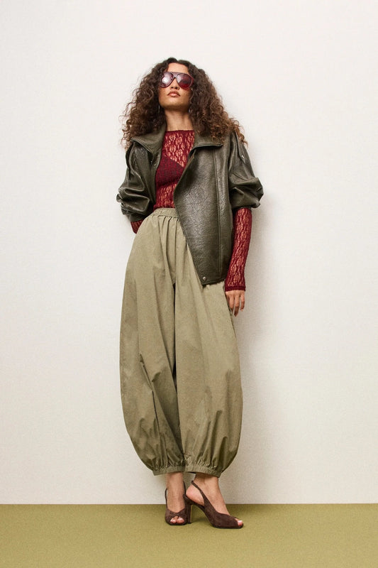 Saxon Oversized Bomber Olive by Mossman - oversized faux leather bomber jacket with double collar and epaulettes for elevated utilitarian style.