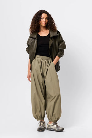 Saxon Oversized Bomber Olive by Mossman - oversized faux leather bomber jacket with double collar and epaulettes for elevated utilitarian style.