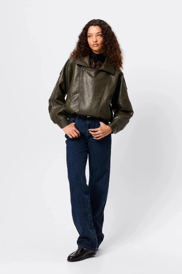 Saxon Oversized Bomber Olive by Mossman - oversized faux leather bomber jacket with double collar and epaulettes for elevated utilitarian style.