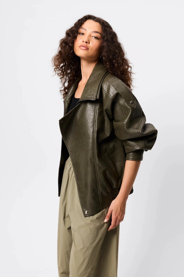 Saxon Oversized Bomber Olive by Mossman - oversized faux leather bomber jacket with double collar and epaulettes for elevated utilitarian style.