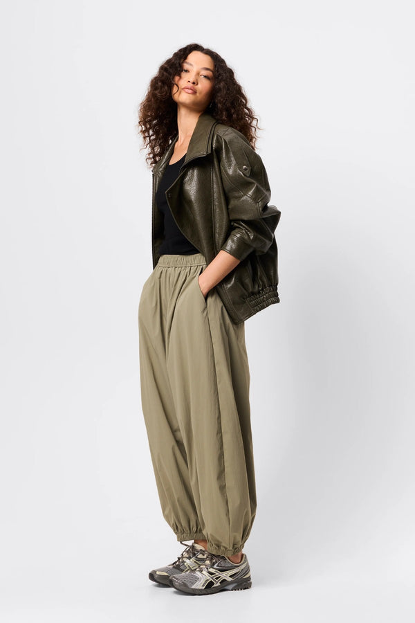 Saxon Oversized Bomber Olive by Mossman - oversized faux leather bomber jacket with double collar and epaulettes for elevated utilitarian style.