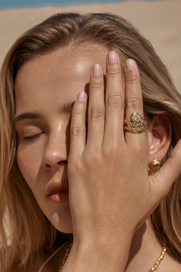 Sayaka Ring by Amber Sceats, crystal and gold statement ring, perfect for elevated evening or occasion styling.
