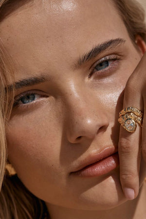 Sayaka Ring by Amber Sceats, crystal and gold statement ring, perfect for elevated evening or occasion styling.