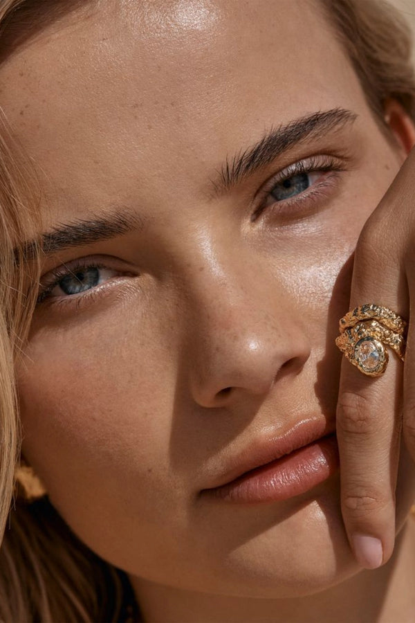 Sayaka Ring by Amber Sceats, crystal and gold statement ring, perfect for elevated evening or occasion styling.