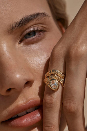 Sayaka Ring by Amber Sceats, crystal and gold statement ring, perfect for elevated evening or occasion styling.