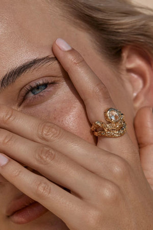 Sayaka Ring by Amber Sceats, crystal and gold statement ring, perfect for elevated evening or occasion styling.