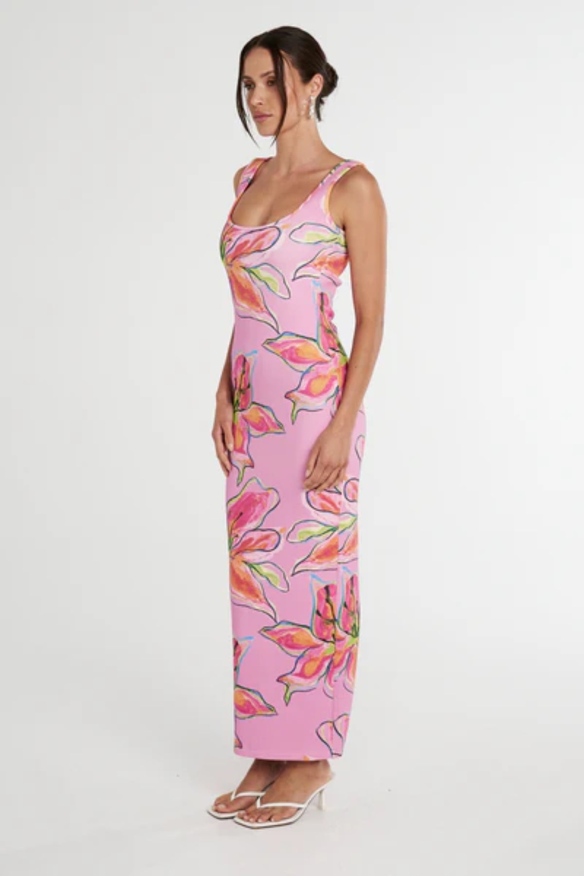 Scoop Neck Maxi Dress Lilac Lily by Summi Summi, a vibrant, trendy maxi with a scoop neckline and hand-painted print, perfect for stylish day-to-night elegance.