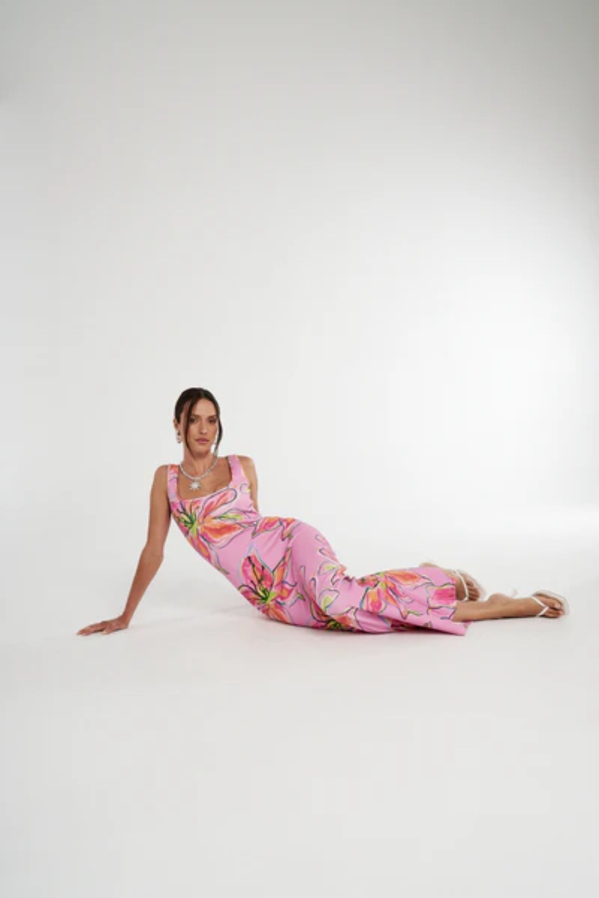 Scoop Neck Maxi Dress Lilac Lily by Summi Summi, a vibrant, trendy maxi with a scoop neckline and hand-painted print, perfect for stylish day-to-night elegance.