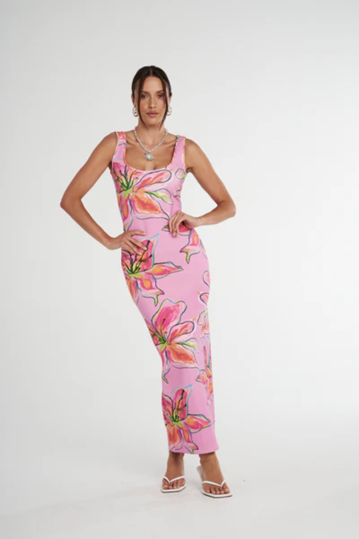 Scoop Neck Maxi Dress Lilac Lily by Summi Summi, a vibrant, trendy maxi with a scoop neckline and hand-painted print, perfect for stylish day-to-night elegance.