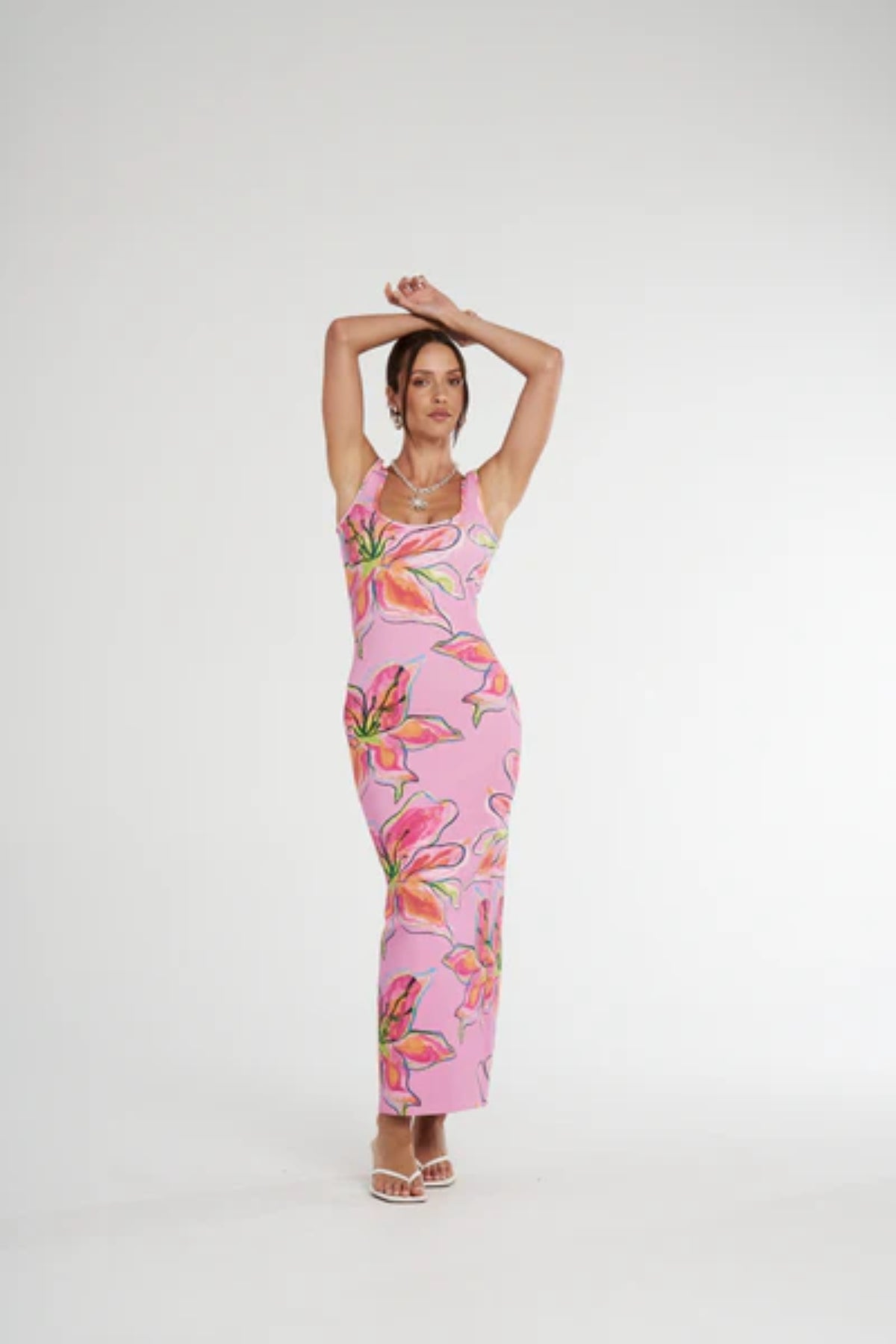 Scoop Neck Maxi Dress Lilac Lily by Summi Summi, a vibrant, trendy maxi with a scoop neckline and hand-painted print, perfect for stylish day-to-night elegance.
