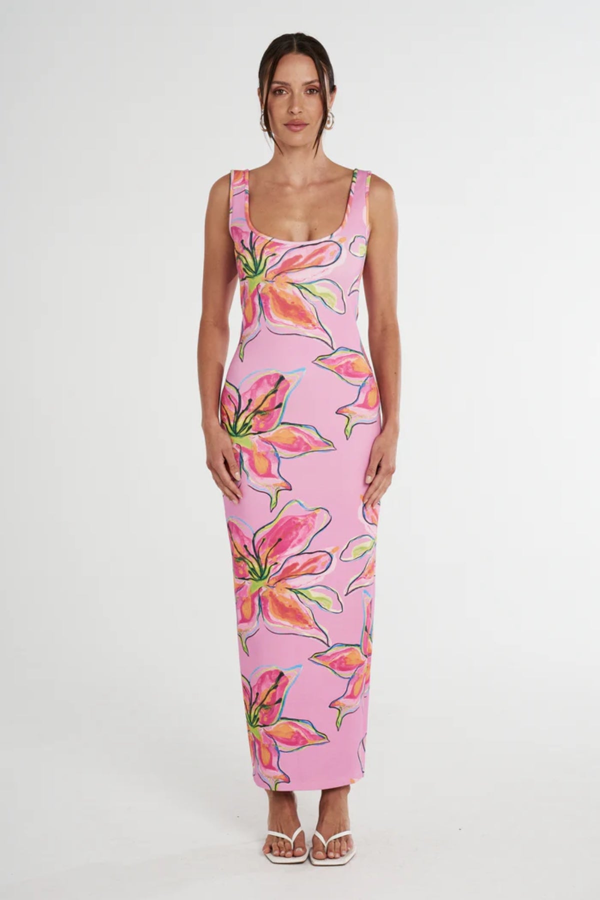 Scoop Neck Maxi Dress Lilac Lily by Summi Summi, a vibrant, trendy maxi with a scoop neckline and hand-painted print, perfect for stylish day-to-night elegance.
