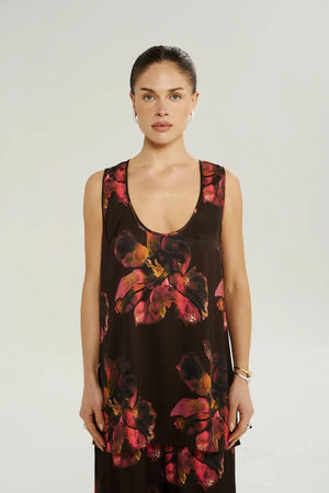 Scoop Neck Tank Chocolate Petals by Summi Summi – floral scoop neck sleeveless tank with relaxed drape.