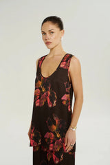 Scoop Neck Tank Chocolate Petals by Summi Summi – floral scoop neck sleeveless tank with relaxed drape.