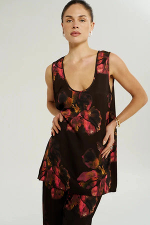 Scoop Neck Tank Chocolate Petals by Summi Summi – floral scoop neck sleeveless tank with relaxed drape.