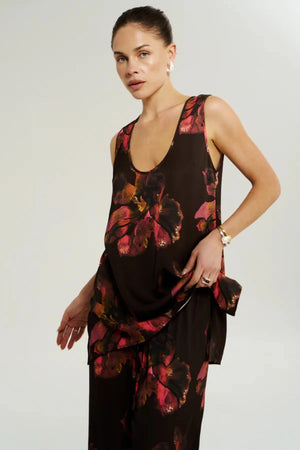 Scoop Neck Tank Chocolate Petals by Summi Summi – floral scoop neck sleeveless tank with relaxed drape.
