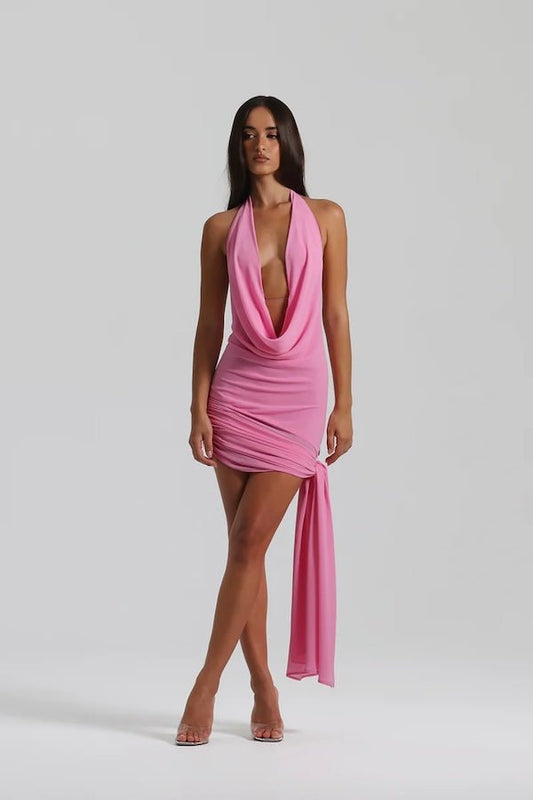 Anastasia Mini Candy Pink by Natalie Rolt – A versatile, trendy mini dress with flowing Georgette fabric, adjustable halter neck, and dramatic open back, perfect for elegant evenings or chic daytime events.