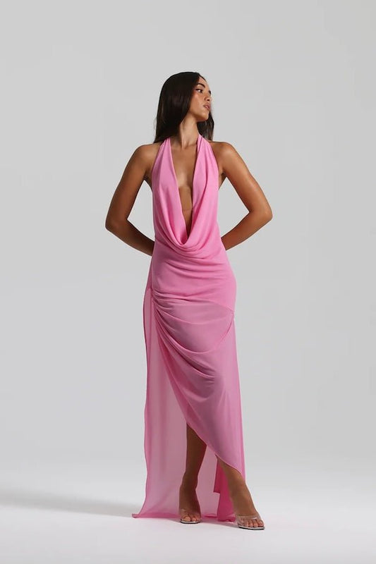 Anastasia Mini Candy Pink by Natalie Rolt – A versatile, trendy mini dress with flowing Georgette fabric, adjustable halter neck, and dramatic open back, perfect for elegant evenings or chic daytime events.